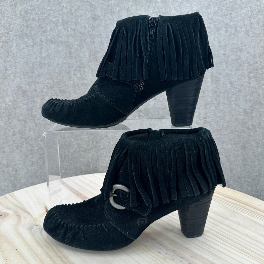 Born Thora Ankle Boots Womens 7.5 Black Suede Fringe Buckle Moccasin Heel